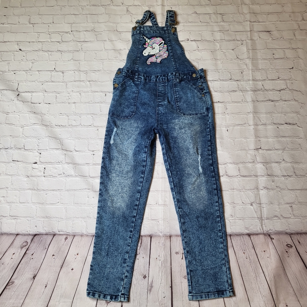 Girls Acid Washed Distressed Denim Overalls - Size 14/16 EUC